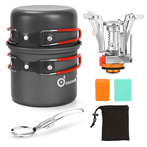 Compact & Complete Camping Cookware Set - 6 Piece Kit with Pot, Stove, Spork and Mesh Carry Bag.