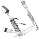 Tenting Utensil Set 5-in-1 Multi Useful Folding Flatware Set, Pocket Utensil Set Transportable Stainless Metal Knife, Spoon, Fork, Bottle Opener, Can Opener Combo Set with Carrying Bag.