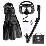 Explore the Underwater World with our Snorkeling Gear Set - Anti-Fog Scuba Snorkel Mask with 180 Panoramic View, Adjustable Fins and Dry Snorkel Tube - Includes Gear Bag, Perfect for Adults (Black, ML/XL).