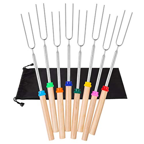 Marshmallow Roasting Sticks: 8-Pack Telescoping BBQ Forks with Wooden Handle and Portable Bag for Campfire, Camping, Stove and Grill.