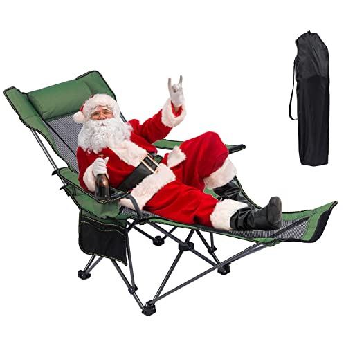 Camping Lounge Chair: Portable Reclining Camping Chair with Footrest, Headrest, Storage Bag, Mesh Recliner with Backpack, 330lbs Weight Capacity (Green)