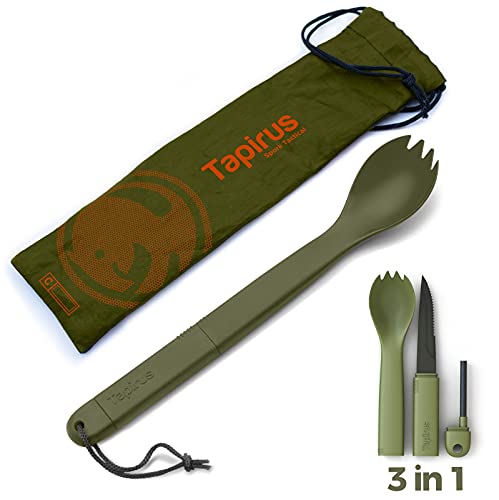 Tapirus Spork Tactical Inexperienced | BPA Free Spoon Fork, Stainless Metal Knife and Fireplace Starter | 3 in 1 multipurpose utensil | Outside climbing, tenting & backpacking gear | Match for MRE.