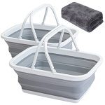 2 Pack Collapsible Sink with Deal with Towel, 2.37 Gal / 9L Foldable Wash Basin for Washing Dishes, Tenting, Mountaineering and Dwelling Grey.