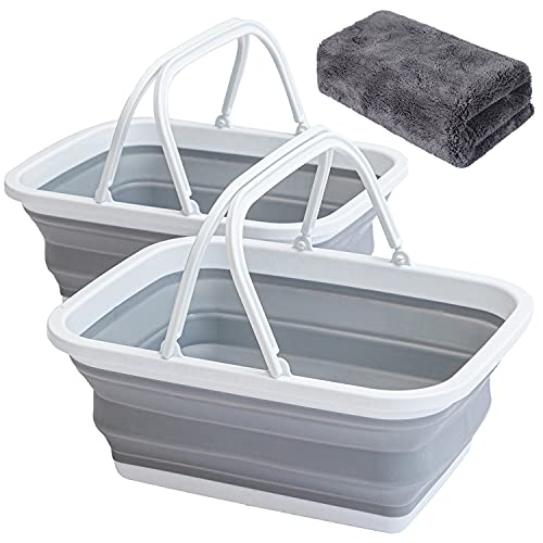 2 Pack Collapsible Sink with Deal with Towel, 2.37 Gal / 9L Foldable Wash Basin for Washing Dishes, Tenting, Mountaineering and Dwelling Grey.