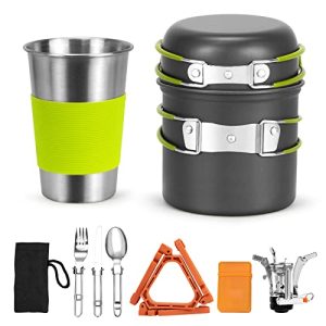 Tenting Cookware Backpacking Range Canister Stand Tripod and Stainless Metal Tenting Cup, Fork Spoon Package for Mountain climbing and Picnic, Tenting Cooking, Backpacking Gear, Mess equipment.