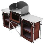 Brown Folding Outdoor Grill Station with Aluminum Windscreen, featuring a Tenting Kitchen Desk with 3 Storage Organizers and 2 Side Tables, perfect for BBQs, Picnics, Fishing and Social Gathering activities, including Tenting Supplies and Equipment.