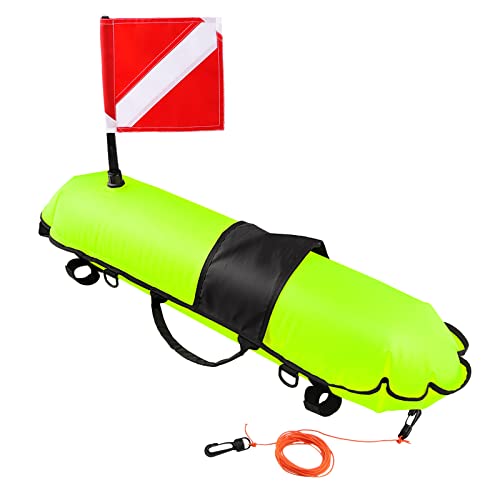 Spearfishing Buoy, Hello-Visibility Inflatable Torpedo Buoy Float Sign Floater Ball with Dive Security Flag and 82ft Ropes for Scuba Diving, Freediving, Snorkeling, Swimming (Fluorescent Yellow).