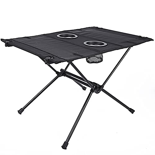 Portable Folding Tenting Desk with Cup Holders and Carry Bag for Outdoor Use.