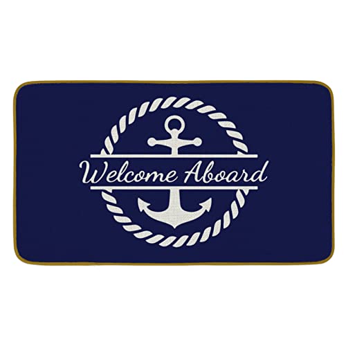 Welcome Nautical Theme Ornamental Doormat, Anchor Boat Ground Mat, Rustic Welcome Aboard Anchor Crusing Farmhouse Decor for Residence Indoor Out of doors Entrance Porch Door Mat (17 x 30 Inch), Navy.