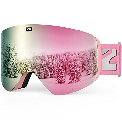 X11 Ski Snowboard Snow Goggles with Magnetic Interchangeable Cylindrical Lens Anti-fog UV Safety for Males Girls Grownup （VLT 6% Pink Lens）.