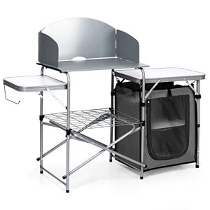 Folding Tenting Kitchen Desk, Aluminum Moveable Tenting Grill Desk with Windscreen, Cook dinner Station, Out of doors Fast Set-up Camp Cook dinner Desk with Storage Organizer Cabinets, Carry Bag.