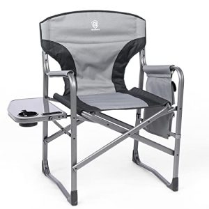 Light-weight Folding Administrators Chairs Outside, Aluminum Tenting Chair with Aspect Desk and Storage Pouch, Heavy Responsibility Helps 350LBS (Gray/Black).