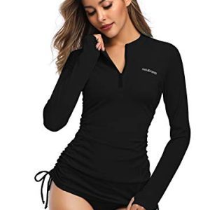 Stay Safe and Stylish: Women's Black Long Sleeve Wetsuit Swimsuit Top with Adjustable Sides and UV Sun Protection in Size XL.