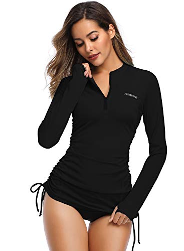 Stay Safe and Stylish: Women's Black Long Sleeve Wetsuit Swimsuit Top with Adjustable Sides and UV Sun Protection in Size XL.