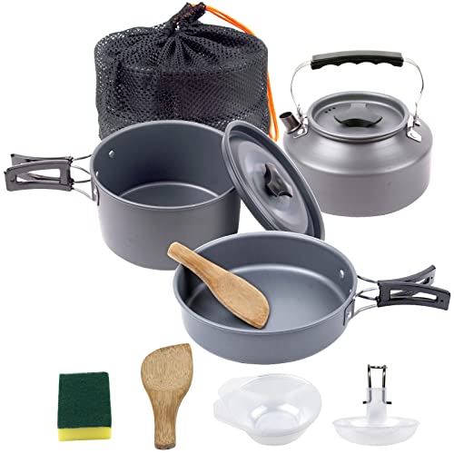 Out of doors Tenting Cookware Set with Pot Pan and Kettle，Tenting Cookware Mess Package Transportable Mountain climbing Backpacking Cooking Pot Set Survival Cooking Gear Light-weight Cookware（B-Black）.
