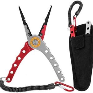 Fishing Pliers Saltwater Aviation Aluminum with Sheath and Lanyard - Braid Cutters Cut up Ring Pliers Hook Remover Line Reducing Stainless Metal Jaw Fish Holder, Sturdy &  Light-weight.