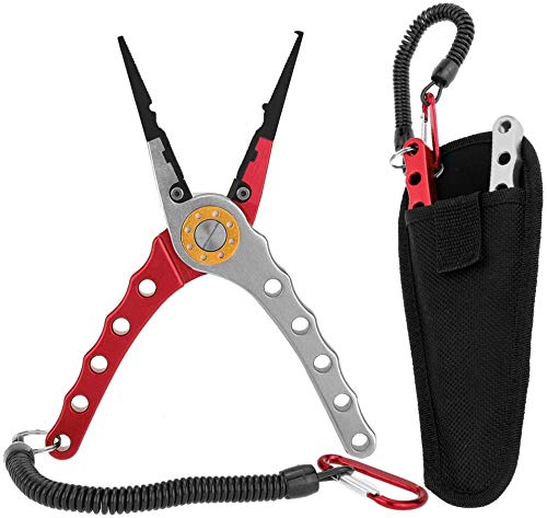Fishing Pliers Saltwater Aviation Aluminum with Sheath and Lanyard - Braid Cutters Cut up Ring Pliers Hook Remover Line Reducing Stainless Metal Jaw Fish Holder, Sturdy &  Light-weight.