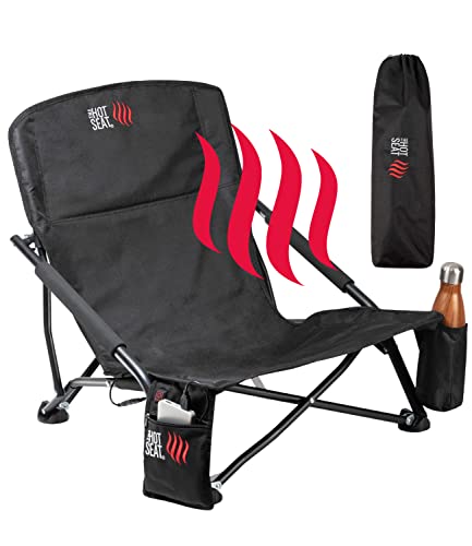 The Sizzling Seat, Heated Light-weight Folding Low Seaside Chair, 2 Zipper Pockets, Padded Armrests, Moveable with Carry Bag, Excellent for Tenting, Seaside, Soccer and Lawns. (Battery NOT Included) by Pop.