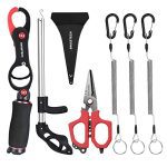 Swiss+Tech Fishing Instruments Equipment, 3-Piece Fishing Gear Contains Fish Lip Gripper with Scale, Multifunction Braided Line Scissors, Hook Remover, with 3 Retractable Security Coiled Lanyard, Items for Anglers.