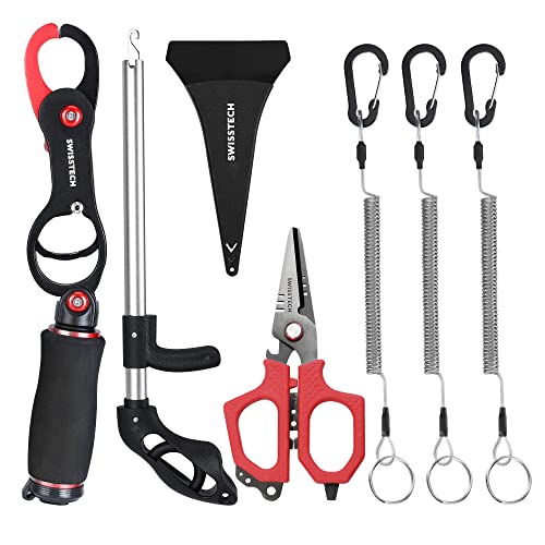Swiss+Tech Fishing Instruments Equipment, 3-Piece Fishing Gear Contains Fish Lip Gripper with Scale, Multifunction Braided Line Scissors, Hook Remover, with 3 Retractable Security Coiled Lanyard, Items for Anglers.