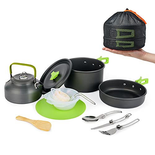 15-Piece Camping Cookware Set: Portable it for Backpacking, Hiking, and Picnic with Non-Stick Pot, Kettle, Cutting Board, and Folding Tableware.