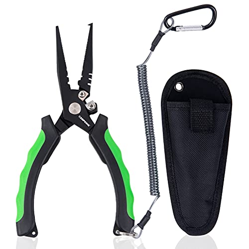 Premium Fishing Pliers, Tremendous Sturdy Fishing Instruments, Hook Remover Braid Line Reducing and Break up Ring Pliers, Saltwater Resistant Fishing Gear, with Sheath and Lanyard, Fishing Presents for Males.