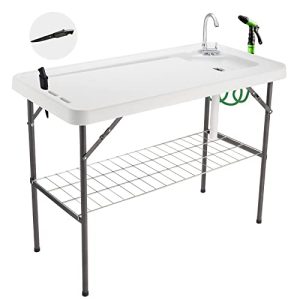 Folding Fish Cleansing Desk Moveable Tenting Sink Desk with Faucet Drainage Hose & Sprayer Outside Fish Fillet Cleansing Station with Grid Rack & Knife Groove for Picnic Fishing, Black.