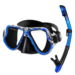 Experience the Underwater World Like Never Before with this Dry Snorkel Set: Featuring a Panoramic Wide View Mask, Anti-Fog Tempered Glass, Easy Adjustable Strap, and Free Breathing Technology - Ideal for Professional Adult Snorkeling in Black-Blue!