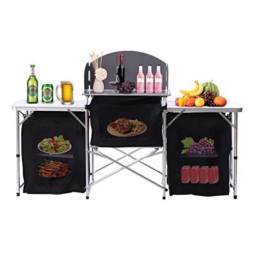 Folding Tenting Kitchen Desk with Storage, Moveable Out of doors Cooking Desk with Aluminium Windscreen Foldable Camp Desk Tenting Kitchen Station with 2 Facet Tables for BBQ Grill Picnics, Black.