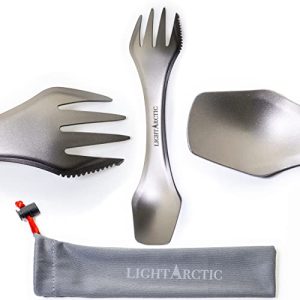 Titanium Ultralight 3 in 1 Spork – Greatest For Tenting Mountaineering and Backpacking, Multitool with Spoon Fork and Knife. Sturdy Private Outside Journey Cutlery – With Protecting Carrying Material Bag.