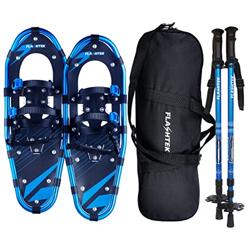 21 Inches Snowshoes for Males and Ladies, Mild Weight Aluminum Terrain Snowshoes + Pair Anti-Shock Adjustable Snowshoeing Poles + Free Carrying Tote Bag (Blue).