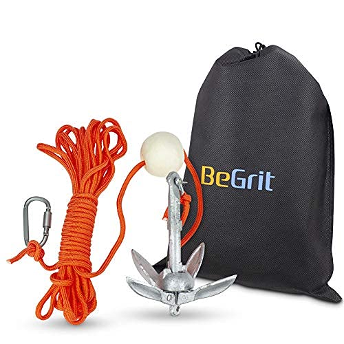 BeGrit Small Boat Anchor Kit: 1.5 lb Carbon Steel Folding Grapnel Anchor and 32.8 ft Anchor Tow Rope with Carrying Bag for Paddle Boards, Kayaks, Canoes, and Jet Skis