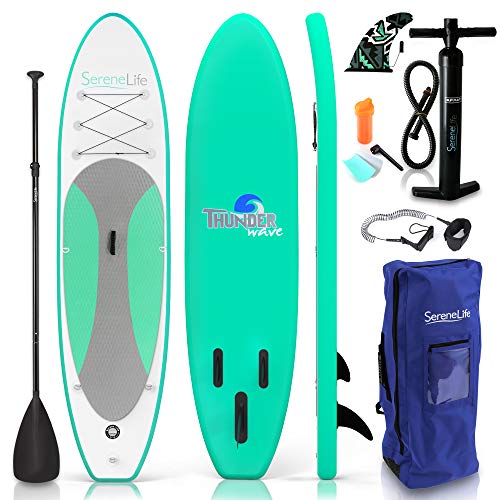 SereneLife Inflatable Stand Up Paddle Board (6 Inches Thick) with Premium SUP Equipment & Carry Bag | Large Stance, Backside Fin for Paddling, Surf Management, Non-Slip Deck | Youth & Grownup Standing Boat.
