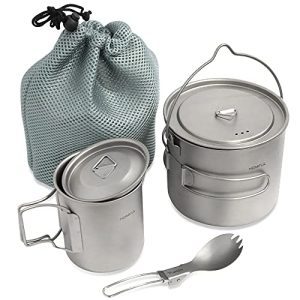 Titanium Adventure Camping Cookware Set - 1100ML & 420ML Pots, Cup, Mug, and Spork with Mesh Storage Bag for Backpacking and Hiking.