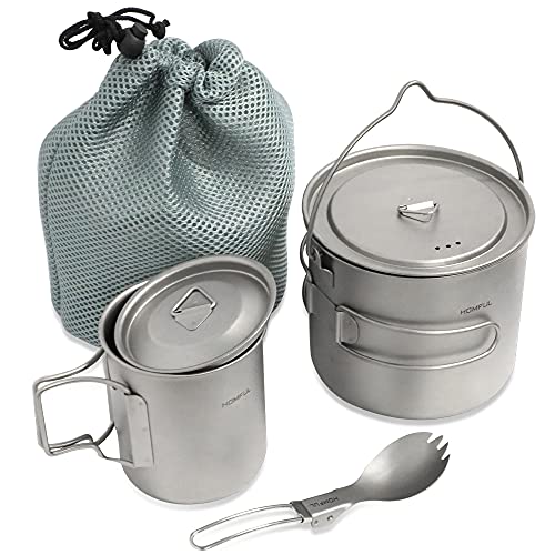 Titanium Adventure Camping Cookware Set - 1100ML & 420ML Pots, Cup, Mug, and Spork with Mesh Storage Bag for Backpacking and Hiking.
