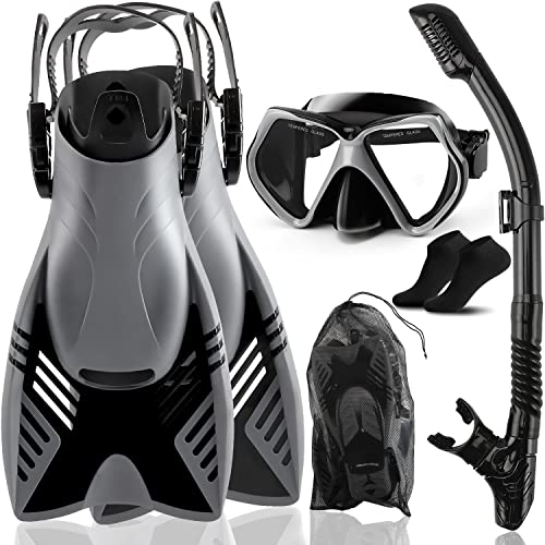 Junior Snorkeling Set with Panoramic View Anti-Fog Mask and Adjustable Fins - Dry Top Snorkel Flippers Kit for Kids and Youth Age 5-14 Suitable for Snorkeling, Swimming, Freediving.