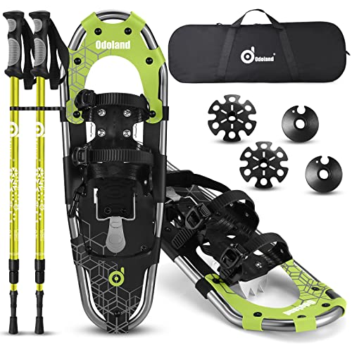 3-in-1 Snowshoes Set for Males Girls Youth Youngsters with Trekking Poles, Carrying Tote Bag, Mild Weight Aluminum Alloy Terrain Snow Sneakers, Olive Inexperienced and Black, Measurement 21''.