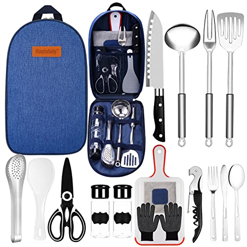 Portable and Essential Camp Kitchen Utensils Set for Outdoor Cooking and Grilling, Including Cookware Bag, Campfire Grill Utensils and Tools for Camping, Picnic and BBQ.