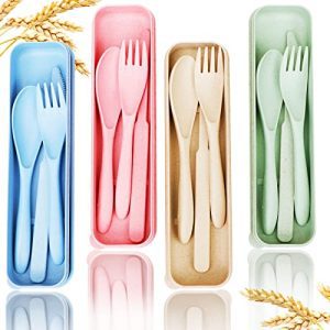 Reusable Journey Utensils Set with Case, 4 Units Wheat Straw Transportable Knife Fork Spoons Tableware, Eco-Pleasant BPA Free Cutlery for Youngsters Adults Journey Picnic Tenting Utensils(Beige, Pink, Blue).