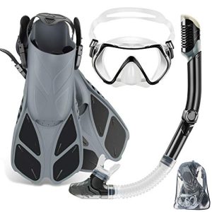 Complete Adult Snorkeling Gear Set with Panoramic View Mask, Trek Fins, Dry Top Snorkel, and Travel Bag - Ideal for Lap Swimming and Diving.