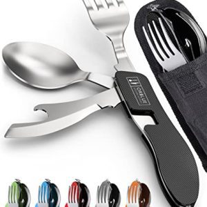 4-in-1 Camping Utensils 2-Pack - Stainless Steel Multitool for Travel, Backpacking, and Outdoor Dining - Black Beauty