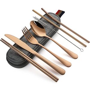 Travel-Ready Utensils: 8-Piece Portable Cutlery Set with Knife, Fork, Spoon, Chopsticks, Cleansing Brush, Straws, and Portable Case (Rose Gold Stainless Steel).
