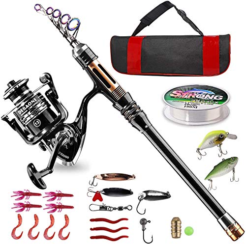 BlueFire Fishing Rod Package, Carbon Fiber Telescopic Fishing Pole and Reel Combo with Spinning Reel, Line, Lure, Hooks and Provider Bag, Fishing Gear Set for Newbie Adults Saltwater Freshwater(2.1M).