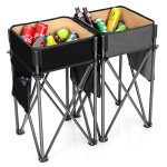 Goplus 2 PCS Folding Tenting Tables, Moveable Picnic Tables with Giant Capability Storage Sink, Facet Pockets, Anti-Skid Toes, Light-weight Tables for Mountaineering, Fishing, BBQ, Seashore (Black+Gray).