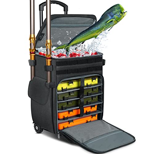 Rolling Sort out Field with Cooler, MATEIN Massive Fishing Bag with Wheels for five Trays(Trays Not Included), Saltwater Resistant Sort out Backpack with Rod Holders & Waterproof Backside for Storage Gear Pole Lures.