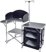 Camp Options Folding Cooking Desk Out of doors Moveable Prepare dinner Station Aluminum Tenting Kitchen with Storage Organizer, Windscreen, Hooks for BBQ, Occasion (Black).