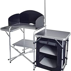 Camp Options Folding Cooking Desk Out of doors Moveable Prepare dinner Station Aluminum Tenting Kitchen with Storage Organizer, Windscreen, Hooks for BBQ, Occasion (Black).