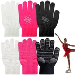 3 Pairs Determine Skating Gloves Ice Skating Gloves Anti Slip Gripper Gloves with Rhinestone Snowflakes for Follow Competitors Winter Heat Mitten, Scale back Falling Accidents (Black, White, Pink).