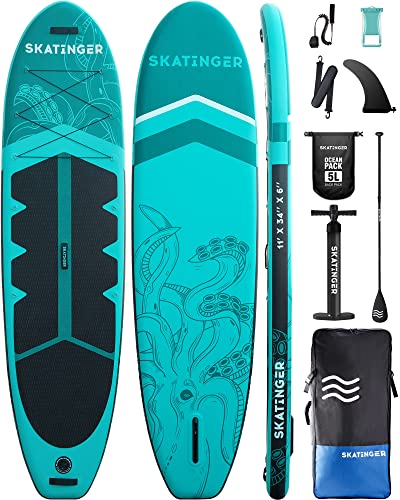 Skatinger Inflatable Stand Up Paddle Boards, 11'x34''x6'' SUP Paddleboard Inflatable, Yoga Stand Up Paddle Board w/1600D Backpack, 6 Further D-Rings, Shoulder Strap, US Central Fin, 2-Motion Pump.