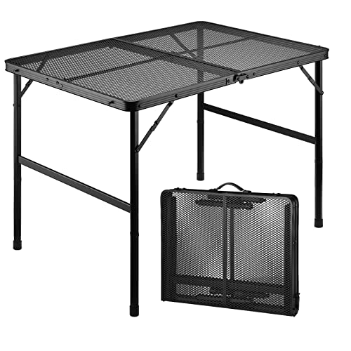 The Ultimate Camping Companion: 3ft Folding Grill Table with Mesh Desktop, Anti-Slip Feet, Height Adjustable, Lightweight & Portable Aluminum Outdoor Table for Camping, Picnic, RV, BBQ.